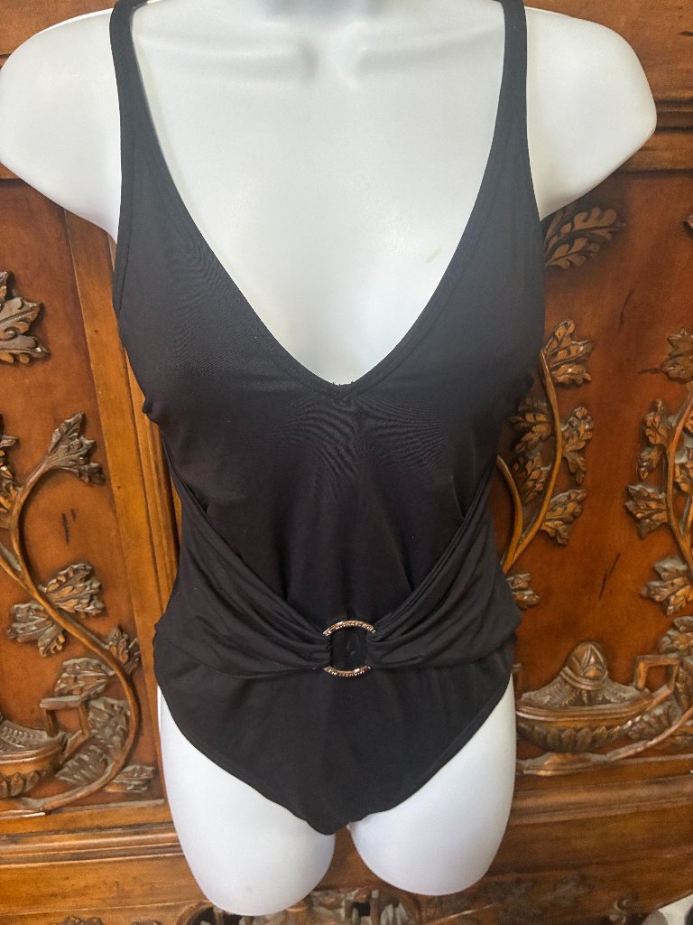 Michael Kors Solid Black V-Neck Sash Logo Ring 1-Piece Swimsuit Size 8 No Pads